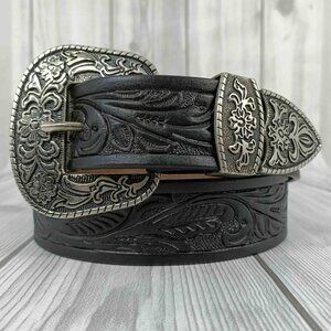 Hand Tooled Western Leather Belt – Western Cowboy Belt with 3 Piece Buckle Set